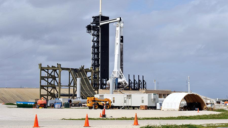 Rocket Falcon 9 with a manned spacecraft Crew Dragon on the launch pad at the launch site at Cape Canaveral