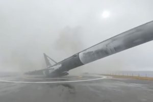 The reusable first stage of the American Falcon 9 launch vehicle fell past the landing platform in the Atlantic